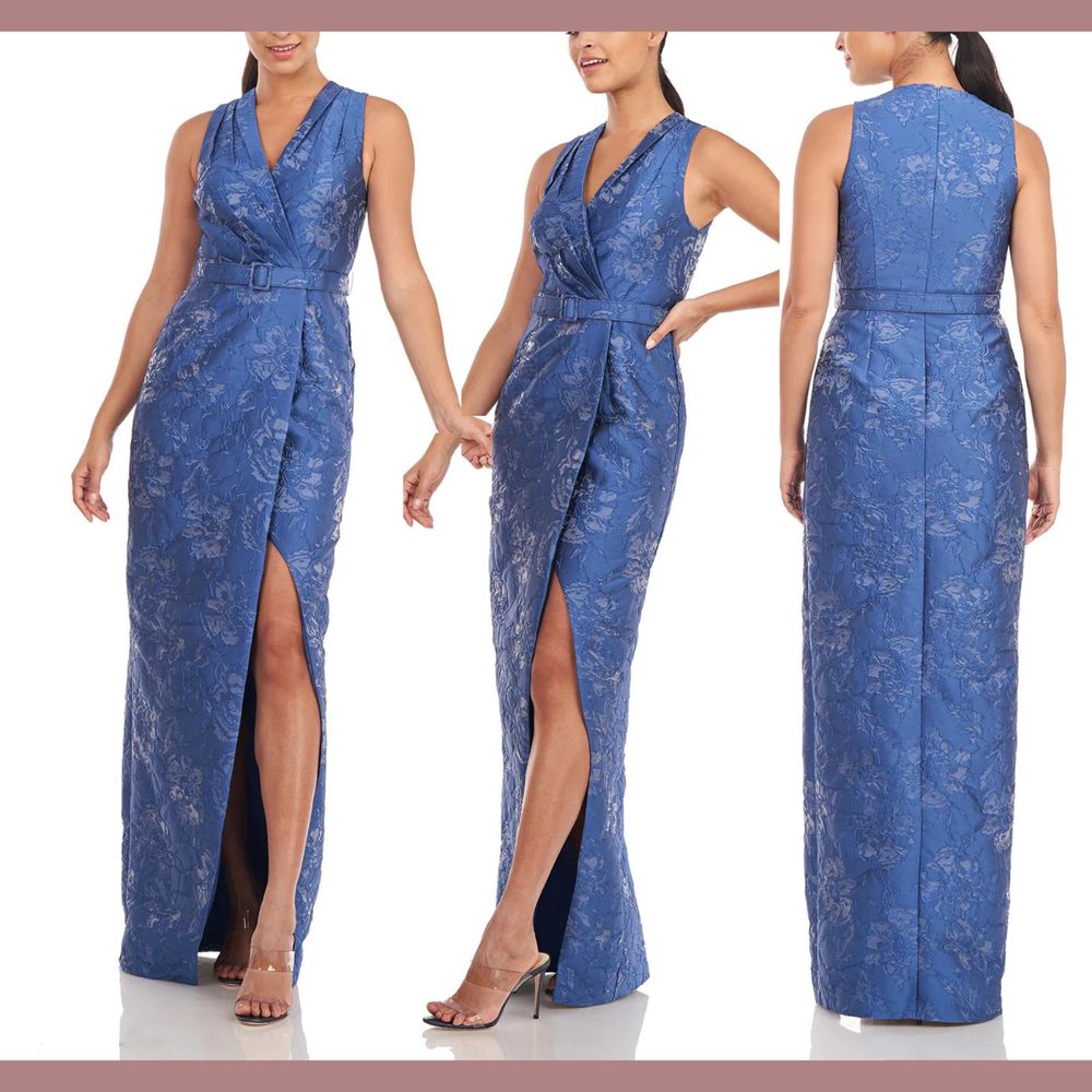 Nwt $368 Kay Unger [ 8 ] Edie Floral Belted Jacquard Column Gown Surf Blue J425